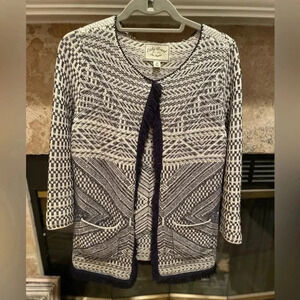 LUCKY BRAND tweed cream blue geometric Aztec Southwstrn fringe cardigan jacket M
